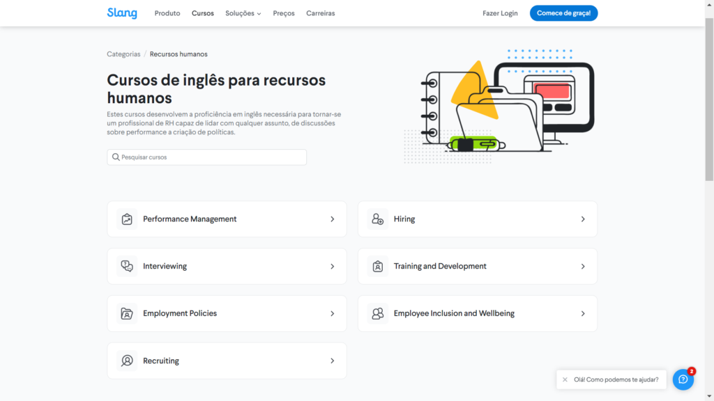 A imagem é um print da Slang, que está aberta na área de cursos de inglês para recursos humanos. Na tela, é possível ver os cursos Performance Management, Hiring, Interviewing, Training Development, Employment Policies, Employee inclusion and Wellbeing e Recruiting.  