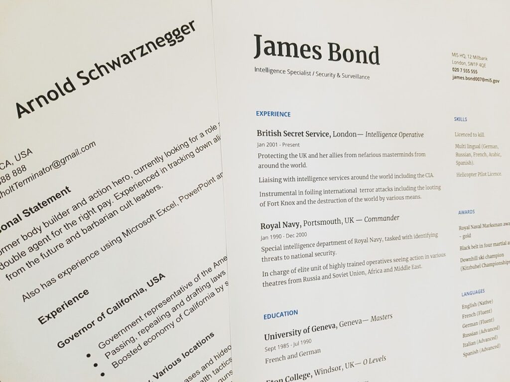 A imagem mostra representações curriculares do ex-governador e ator Arnold Schwarzenegger e do personagem fictício James Bond.