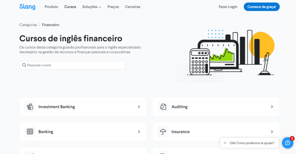 A imagem mostra um print da tela da Slang. Nela é possível ver os títulos dos cursos de inglês financeiro: Investment Banking, Auditing, Banking, Insurance. 