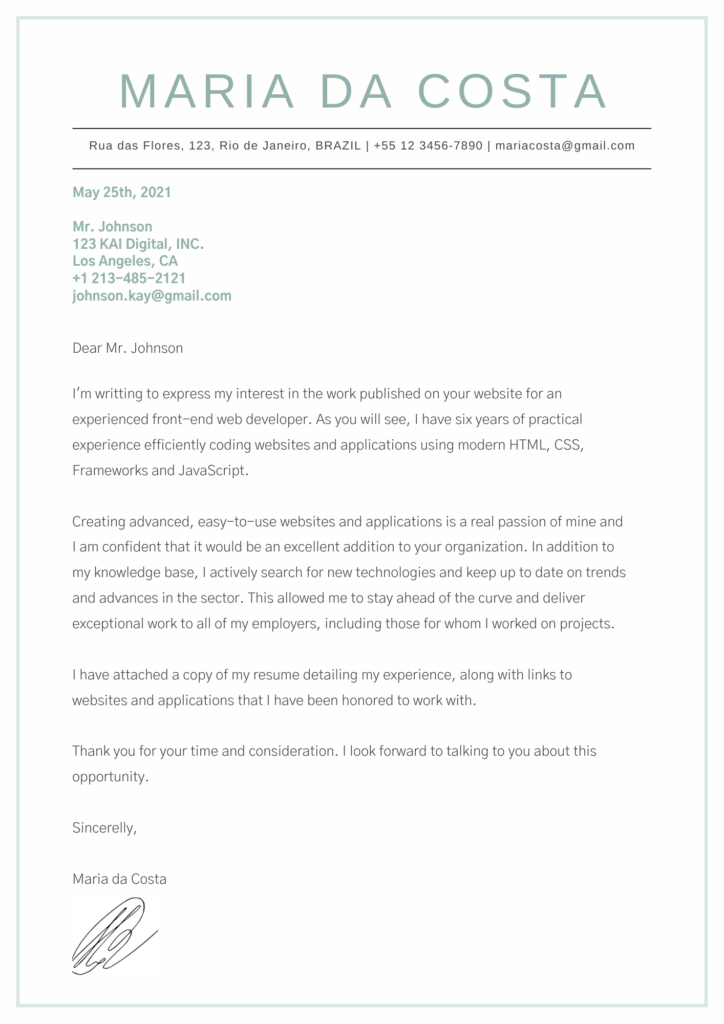 La imagen muestra una carta de presentación en inglés de una persona llamada Maria da Costa, que quiere postularse al cargo Desarrolladora Front-End en la empresa KAI Digital, INC.