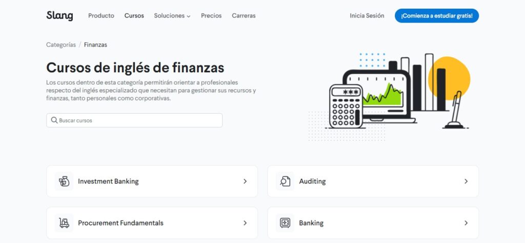 La imagen muestra una captura de pantalla de Slang en la que se pueden los títulos de los cursos de inglés de finanzas: Investment Banking, Auditing, Banking, Insurance.