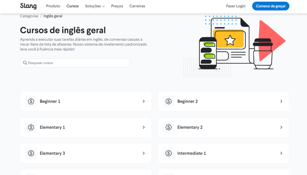 O print da página de cursos de inglês geral da Slang apresenta os módulos Beginner 1 e 2, Elementary 1, 2 e 3, além do Intermediate 1.